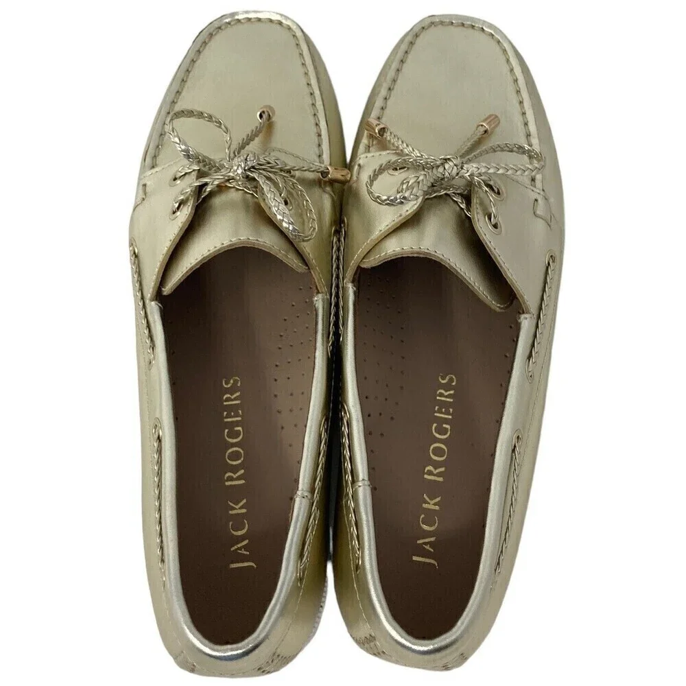 Jack Rogers Women's Size 8 Ocean Leather Boat Shoes Gold Slip On Flat Loafer